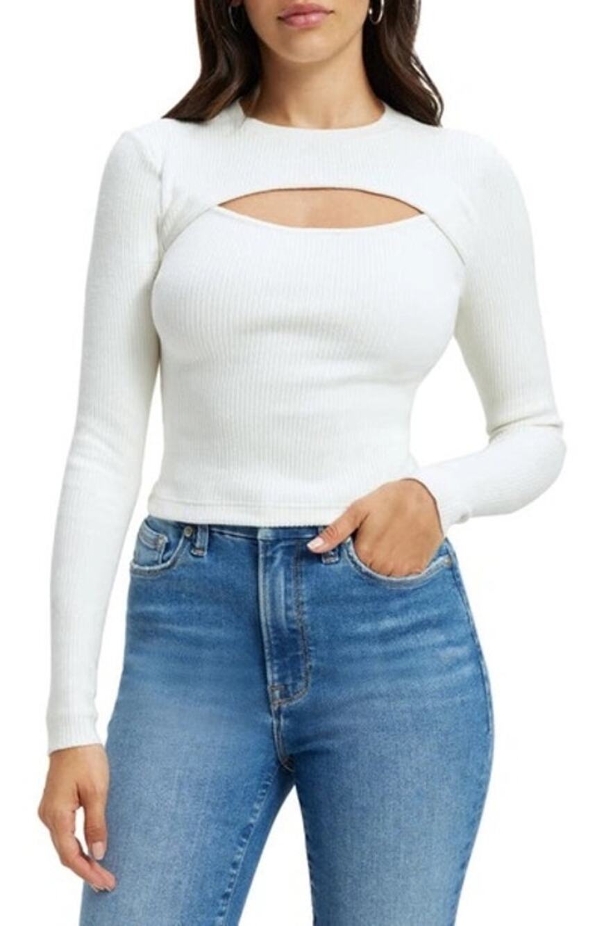 Good American Ivory White Ribbed Long Sleeve Cut Out Top Plus Size XXL